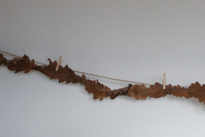 Leaves machine stitched together on washing line